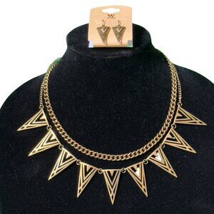 W Necklace Earring Set Triangle Pendants Geometric Design Double Chain Gold-Tone